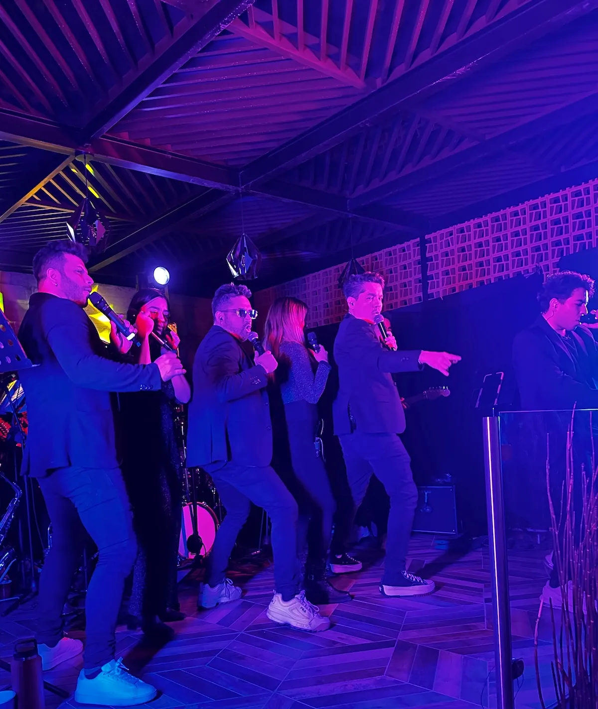 Grupo musical versátil en show de boda con pista llena
